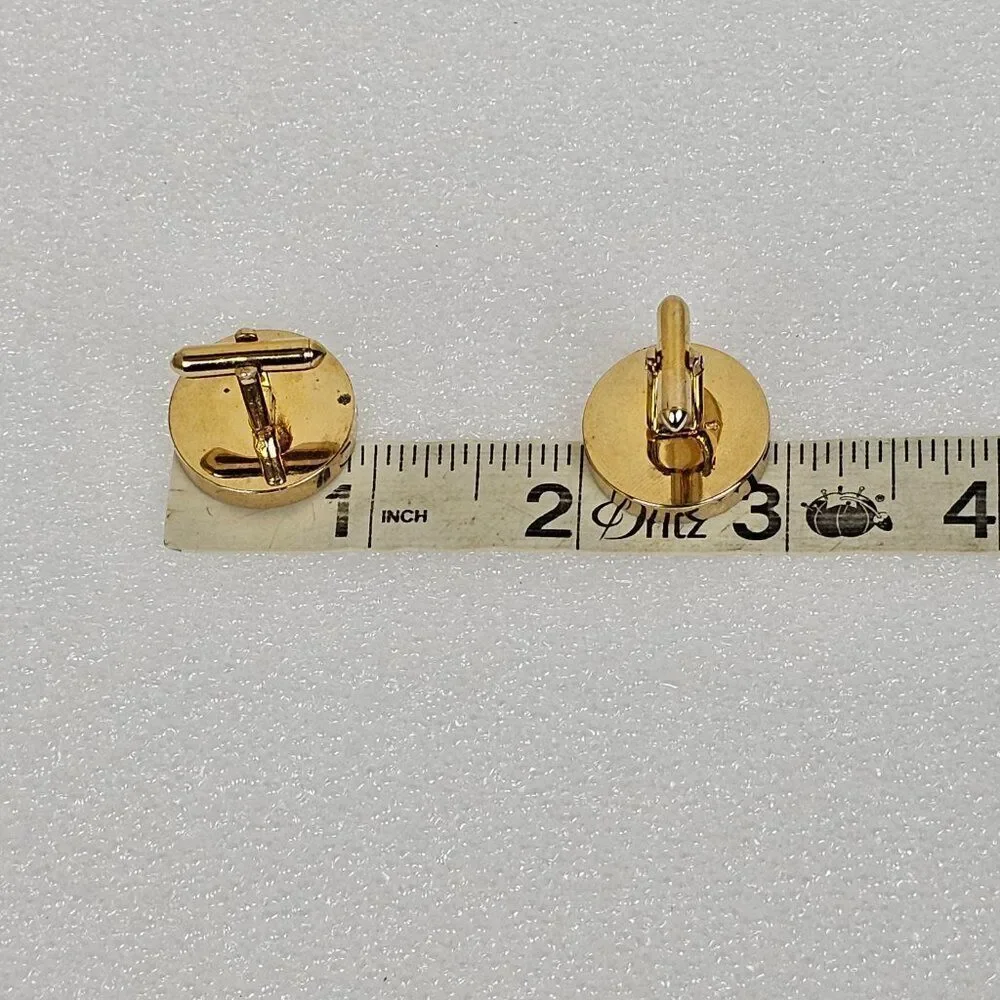 Vintage Swank Golden Brown Tiger Eye Diamond Cut Round Shiny Gold Tone Cufflinks